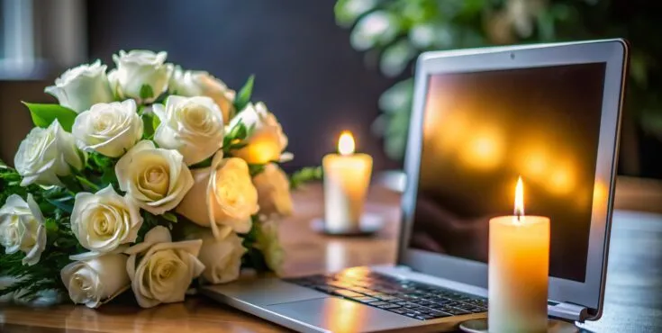 funeral candles with laptop